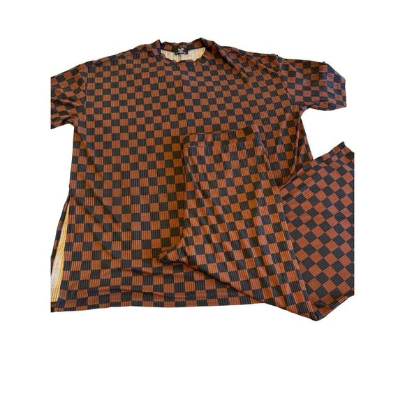 LALA original size 2X Lex ribbed checkerboard playsuit in black k and mocha plus - Picture 2 of 13